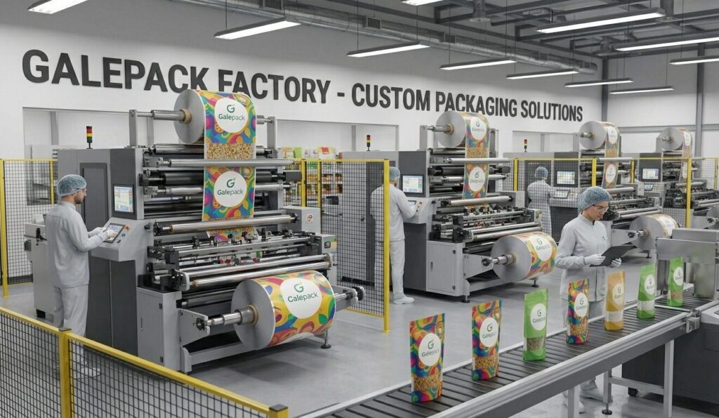 GalePack factory producing custom stand up pouches