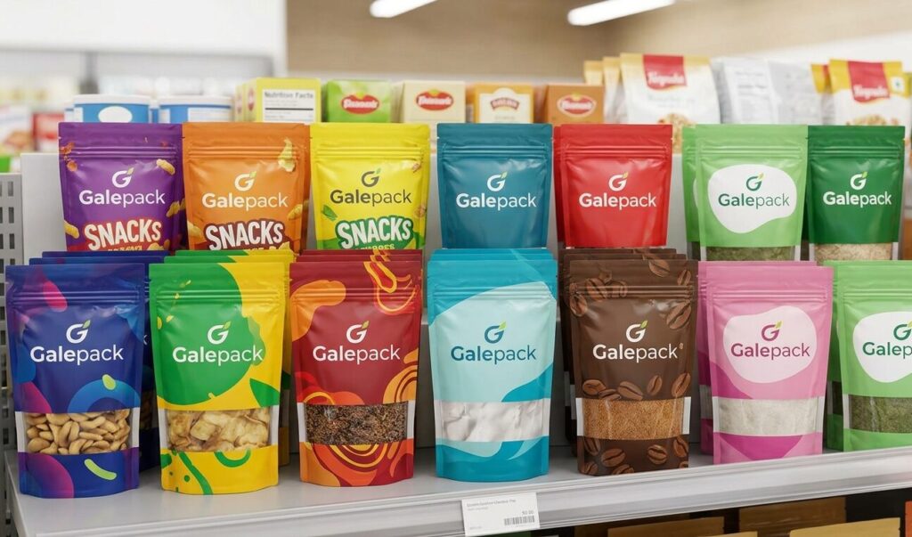 custom stand up pouches with brand logo on shelf