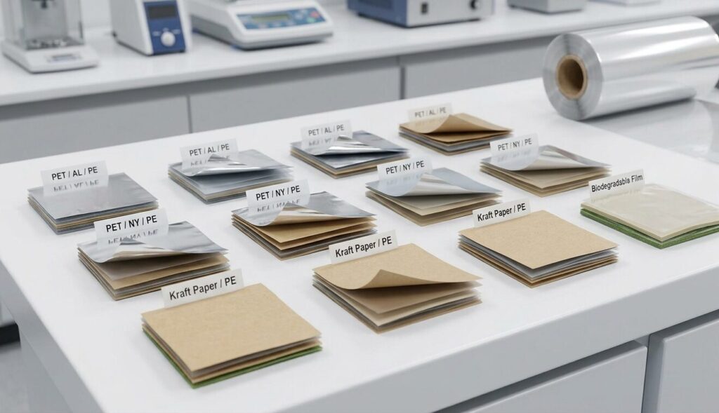 different material structures for custom stand up pouches