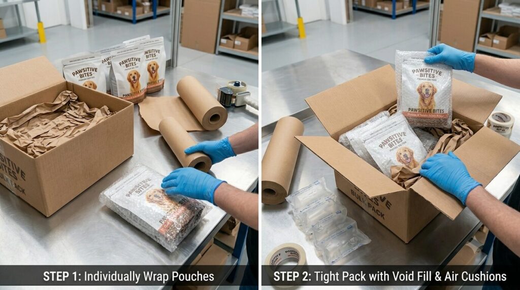 Packing pet food pouches with bubble wrap 