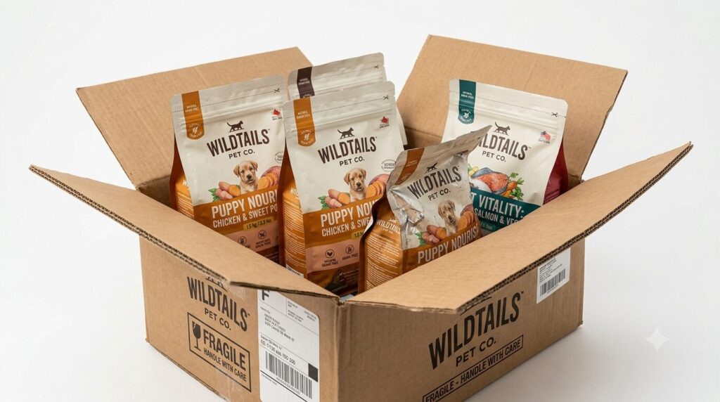 Pet food stand up pouches packed for shipping without tearing