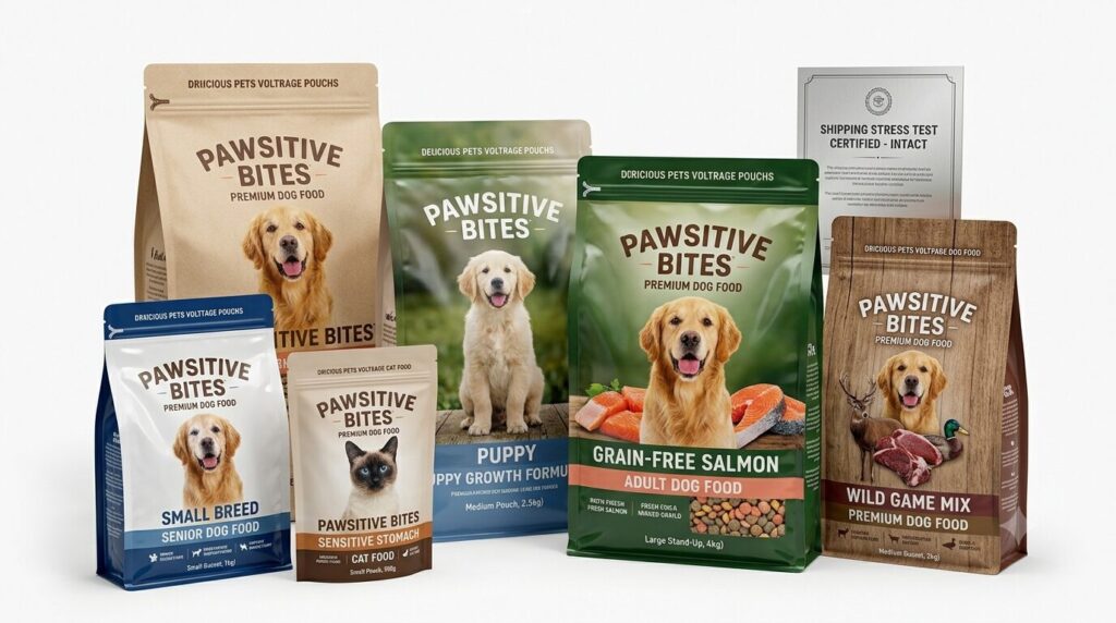 Variety of strong intact custom pet food pouches